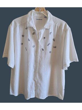 White Coastal-Themed Button-Up linen shirt preppy Nautical beach boho